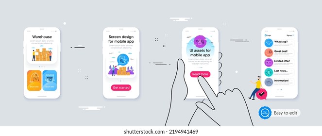 Outline Set Of Stand Lamp, Headhunting And Card Line Icons For Web Application. Phone Ui Interface. Include Repair Document, Panties, Marketplace Icons. People Talking, Cloud System. Vector