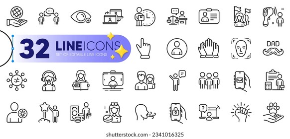 Conjunto de esquemas de Star, juez de tribunal e iconos de línea de detección de rostros para web con el icono delgado Grupo, Soporte, Visión de futuro. Contable, Beneficio monetario, icono del pictograma del agente. Enfermero, repartidor. Vector