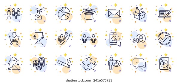 Outline set of Star, Hat-trick and Analytics graph line icons for web app. Include Copyright laptop, Coins, Shopping pictogram icons. Medical cleaning, Refresh bitcoin, Pie chart signs. Vector