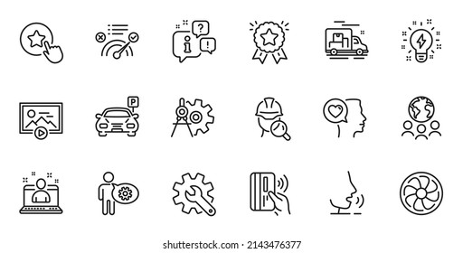 Übersicht über die Startsymbole, kontaktlose Bezahlung und Loyalty-Star-Zeilensymbole für Webanwendungen. Talk, Information, Lieferwagen Umriss Symbol. Vektorgrafik