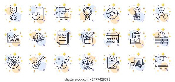 Outline set of Stress, Floor plan and Investment line icons for web app. Include Star target, Graph chart, Build pictogram icons. Paint brush, Package size, Chemical hazard signs. Vector