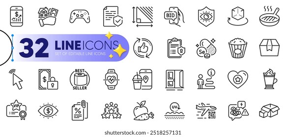 Outline set of Stress, Private payment and Tax documents line icons for web with Cursor, Package box, Augmented reality thin icon. Certificate, Gamepad, Vip certificate pictogram icon. Vector