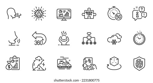 Outline set of Stress protection, Restructuring and 5g internet line icons for web application. Talk, information, delivery truck outline icon. Vector