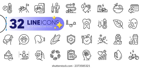 Outline set of Sun protection, Low thermometer and Uv protection line icons for web with E-bike, Leaf, Organic tested thin icon. Medical drugs, Bike path, Bike app pictogram icon. Vector