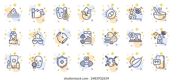 Conjunto esquemático de protector solar, calendario de vacunación e íconos de línea de adicción al alcohol para App de Web. Incluye vacunación mundial, escudo médico, iconos de pictograma de enfermera de hospital. Difícil estrés. Vector