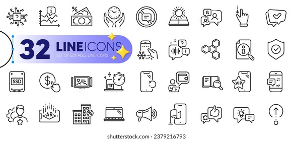 Outline set of Support chat, Brand and Location app line icons for web with Security shield, Artificial intelligence, Voicemail thin icon. Smartphone recovery, Smartphone notification. Vector
