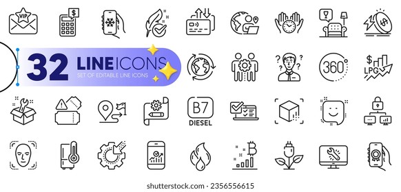Conjunto de esquemas del consultor de soporte, bloqueo e iconos de línea de aire acondicionado para web con aplicación de premio, equipo de Seo, icono delgado de precio de energía. Probado hipoalergénico, potencia ecológica. Diseño con estrellas amarillas en 3d. Vector
