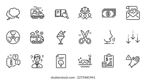Outline set of Support consultant, Use gloves and Scuba diving line icons for web application. Talk, information, delivery truck outline icon. Include Love letter, Thumb down, Scissors icons. Vector