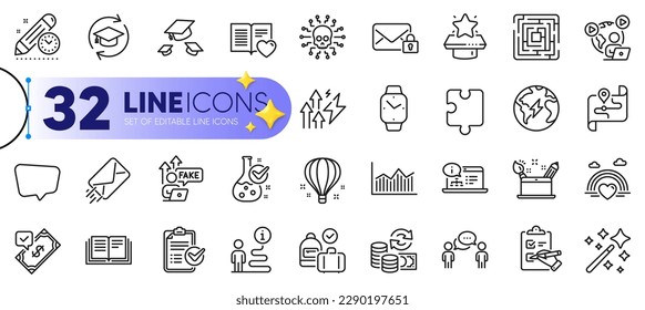 Conjunto de esquemas de Soporte, documentación en línea e iconos de la línea del libro de amor para la web con negocios de consultoría, podio del ganador, icono delgado de internet falso. Mapa, Smartwatch, icono del pictograma de pago aceptado. Vector