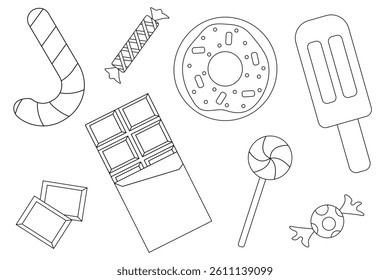 Outline set of sweets. Candy theme flat vector elements each isolated on white background.
