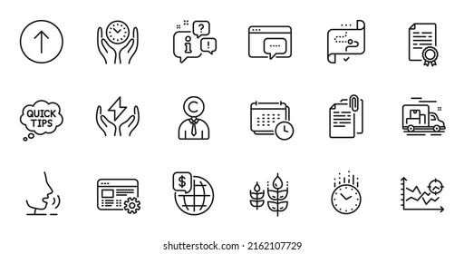 Outline set of Swipe up, Document attachment and Calendar line icons for web application. Talk, information, delivery truck outline icon. Include Target path, Safe time, Web settings icons. Vector