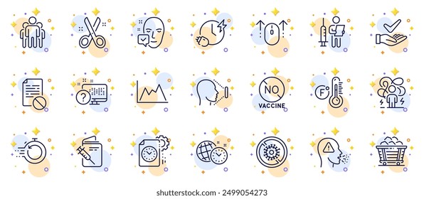 Conjunto de esquemas de deslizamiento hacia arriba, recuperación rápida e iconos de línea de archivo incorrectos para el App de Web. Incluir cortar, Dermatológicamente probado, iconos de pictogramas de grupo. Gestión del tiempo, Stop coronavirus, Pruebas online. Vector