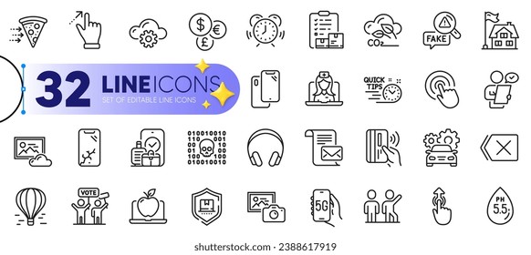 Outline set of Swipe up, Quick tips and Money currency line icons for web with Headphones, Smartphone, Binary code thin icon. Inventory checklist, Smartphone broken, Remove pictogram icon. Vector