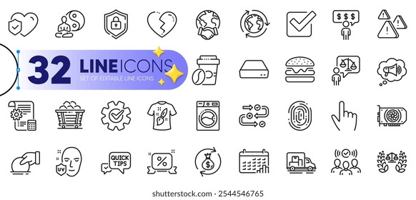 Outline set of Takeaway coffee, Mini pc and Squad line icons for web with Survey progress, Life insurance, Cursor thin icon. Money exchange, Shield, Lawyer pictogram icon. Broken heart. Vector