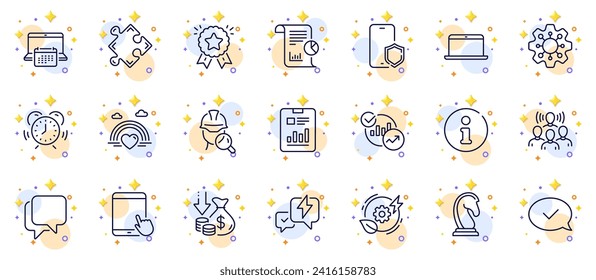 Outline set of Talk bubble, Info and Statistics line icons for web app. Include Phone protect, Marketing strategy, Green energy pictogram icons. Tablet pc, Strategy, Report document signs. Vector