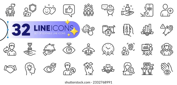 Outline set of Teamwork chart, Friendship and Share line icons for web with Voicemail, Use gloves, Time hourglass thin icon. Work home, Smile, Shield pictogram icon. Teamwork, Stress. Vector