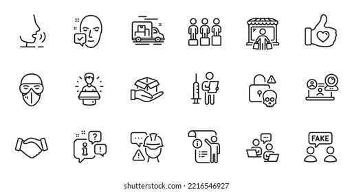 Outline set of Teamwork, Face accepted and Cyber attack line icons for web application. Talk, information, delivery truck outline icon. Include Brand ambassador, Medical mask, Hold box icons. Vector