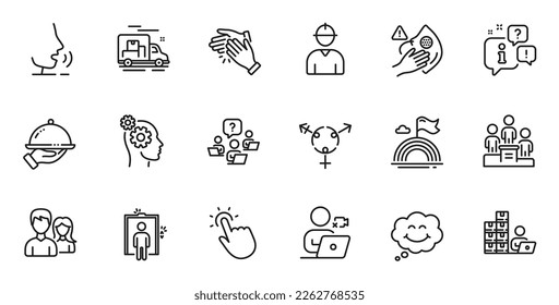 Outline set of Teamwork question, Business podium and Teamwork line icons for web application. Talk, information, delivery truck outline icon. Vector