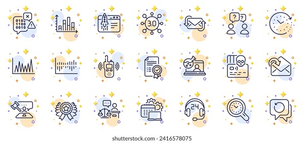 Outline set of Teamwork questions, Web3 and Column diagram line icons for web app. Include Court judge, Cyber attack, Binary code pictogram icons. Line graph, Receive mail, Consulting signs. Vector