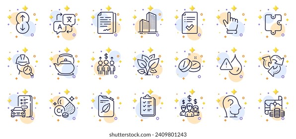 Conjunto de esquemas de los iconos de línea Teapot, Leaf e Inspect para la aplicación web. Incluye reuniones, mapas del tesoro, iconos del pictograma de traducción. Empleados asalariados, Lista de control aprobada, Carteles de Psicología. Reciclar. Vector