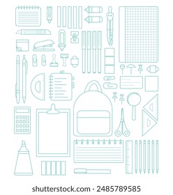 Outline set template with school supplies, stationery and items. Back to school concept for web and promotional materials. Sale leaflet, advertising. Vector illustration isolated on white background.