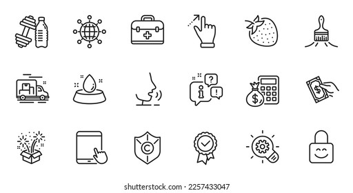 Outline set of Tested stamp, Touchscreen gesture and Finance calculator line icons for web application. Talk, information, delivery truck outline icon. Include Dumbbell, First aid, Brush icons. Vector