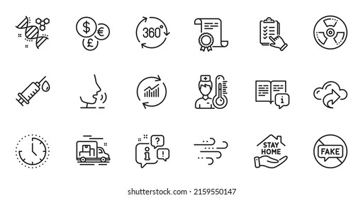 Outline set of Thermometer, Manual and Cloud share line icons for web application. Talk, information, delivery truck outline icon. Include Money currency, Medical syringe, Checklist icons. Vector