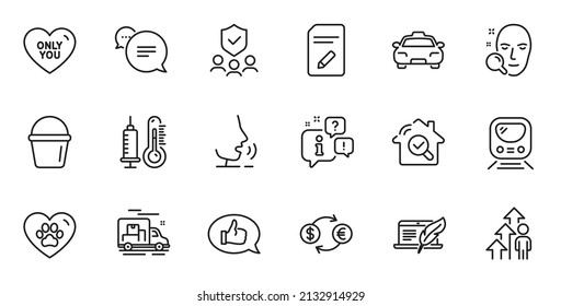 Outline set of Thermometer, Only you and Face search line icons for web application. Talk, information, delivery truck outline icon. Include Security agency, Currency exchange, Metro icons. Vector