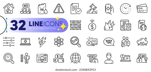 Conjunto de esquemas de los iconos de la línea de pago sin contacto, tarjeta y cambio de hora para web con Analytics, gestión de tiempo, servicio de traducción, icono delgado. Cañón de gasolina, trabaja en casa. Vector