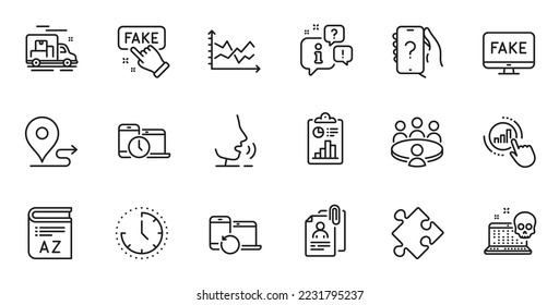 Outline set of Time management, Graph chart and Time line icons for web application. Talk, information, delivery truck outline icon. Include Cyber attack, Diagram chart, Strategy icons. Vector
