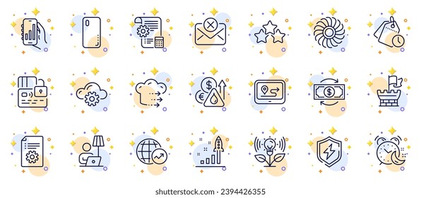 Conjunto de esquemas de la administración del tiempo, los iconos de la línea de computación de Escudo y Nube para la aplicación web. Incluye lámpara de piso, Gps, iconos de pictograma de tarjeta. Precio del combustible, aplicación de análisis, signos de estrellas de clasificación. Vector