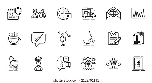 Outline set of Time, Sallary and Chemical formula line icons for web application. Talk, information, delivery truck outline icon. Vector