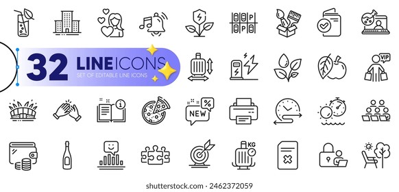 Outline set of Time schedule, Eco power and Target goal line icons for web with Arena stadium, Verification document, New thin icon. Apple, Champagne, Alarm sound pictogram icon. Smile. Vector