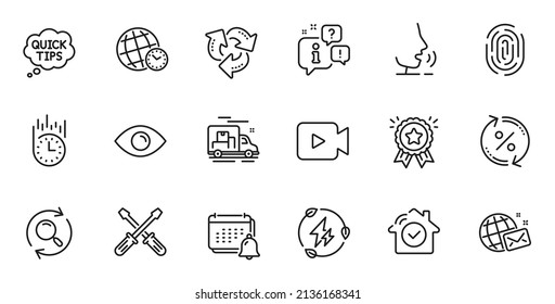 Outline set of Time zone, Recycle and Loyalty award line icons for web application. Talk, information, delivery truck outline icon. Include Quick tips, House security, Eye icons. Vector