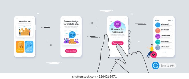 Outline set of Timer, Ab testing and Delivery time line icons for web application. Phone ui interface. Include Demand curve, Wrong file, Security contract icons. Vector