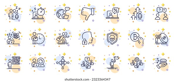 Outline set of Timer, Delivery man and Sleep line icons for web app. Include Video conference, Dislike hand, Teamwork question pictogram icons. Online tax, Inclusion, Bitcoin pay signs. Vector