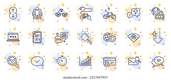 Outline set of Timer, Graph chart and Laptop password line icons for web app. Include Change card, E-bike, Group pictogram icons. Energy drops, Scroll down, Seo gear signs. Vector