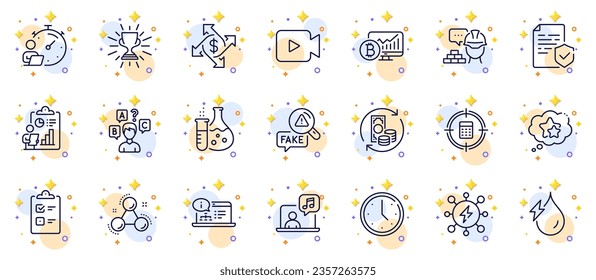 Conjunto de esquema de Timer, estrellas de clasificación e iconos de línea de certificado para la aplicación web. Incluya documentación en línea, objetivos de la calculadora, iconos del pictograma de hidroelectricidad. Cambio de pago, Trofeo. Vector