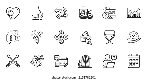 Outline set of Timer, Video conference and Calendar line icons for web application. Talk, information, delivery truck outline icon. Include Agent, Wine glass, Ice cream icons. Vector