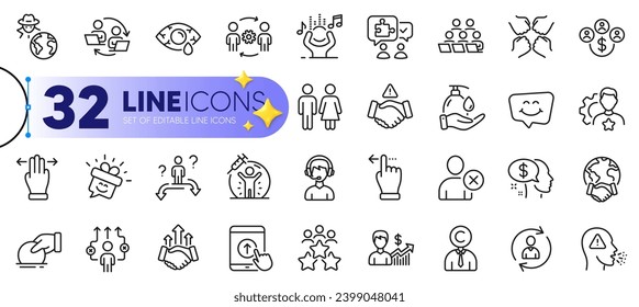 Outline set of Touchscreen gesture, Cough and Puzzle line icons for web with Copyrighter, Business meeting, Engineering team thin icon. Squad, Multitasking gesture, Person info pictogram icon. Vector