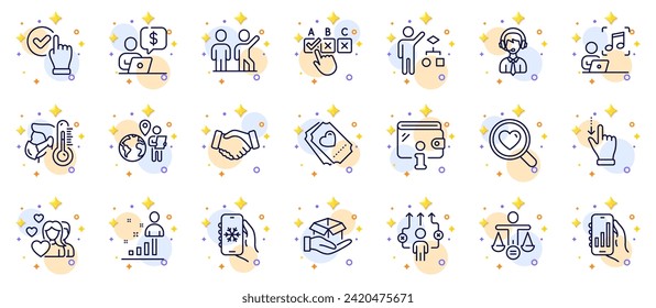 Outline set of Touchscreen gesture, Hold box and Outsource work line icons for web app. Include Love ticket, Business way, Air conditioning pictogram icons. Music, Shipping support. Vector