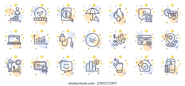Outline set of Touchscreen gesture, Smile face and Rating stars line icons for web app. Include Charging cable, Decreasing graph, Laptop pictogram icons. Rise price, Video conference. Vector