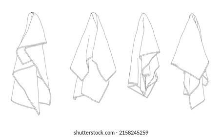 Outline of a set of towels hanging on a hanger from black lines isolated on a white background. Vector illustration.