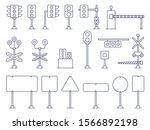 Outline Set of Traffic Vector Cartoon Illustration. Railway and road Traffic Light. Semaphore. Cartoon.