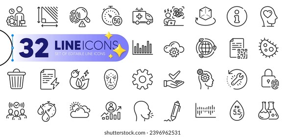 Outline set of Trash bin, Mental health and Chemistry lab line icons for web with Eco energy, Augmented reality, Service thin icon. Career ladder, Ambulance car, Bar diagram pictogram icon. Vector