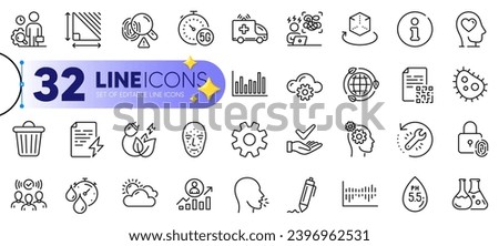 Outline set of Trash bin, Mental health and Chemistry lab line icons for web with Eco energy, Augmented reality, Service thin icon. Career ladder, Ambulance car, Bar diagram pictogram icon. Vector