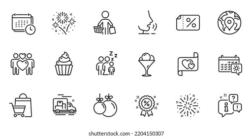 Outline set of Travel calendar, Sleep and Fireworks explosion line icons for web application. Talk, information, delivery truck outline icon. Include Love letter, Pin, Ice cream icons. Vector