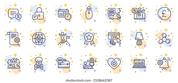 Outline set of Travel loan, Swipe up and Pound money line icons for web app. Include Web analytics, Mortgage, Calendar pictogram icons. Chemical hazard, Notification bell, Podcast signs. Vector