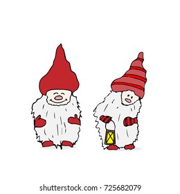 Outline set of Trolls gnomes with beards and long hats. Funny characters for Christmas. Vector illustration on white