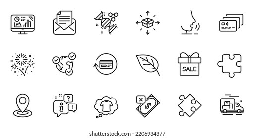 Outline set of T-shirt, Fireworks and Analytics graph line icons for web application. Talk, information, delivery truck outline icon. Include Rejected payment, Chemistry dna, Sale offer icons. Vector